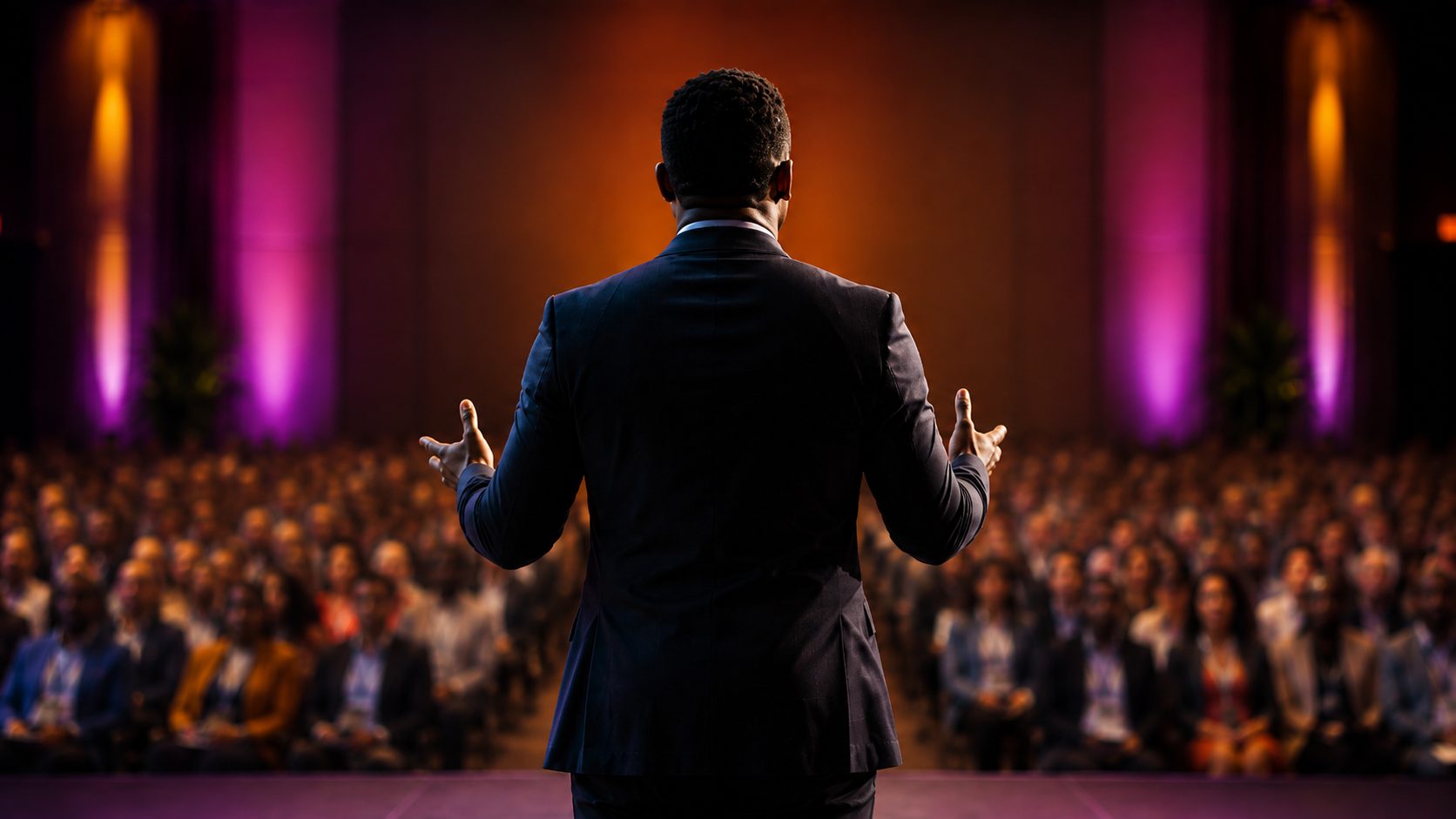 A speaker addressing a full auditorium